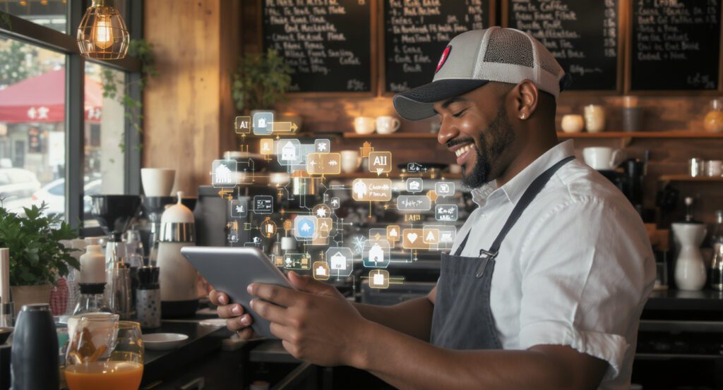 coffee shop owner using ai automation on tablet. coffee shop owner using ai automation on tablet.