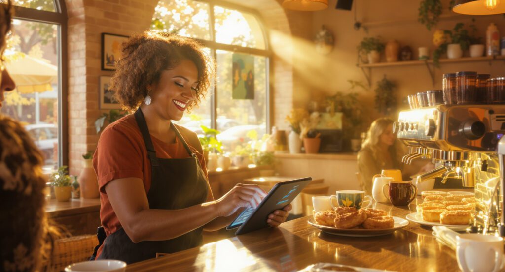 coffee shop owner using ai automation on tablet.. coffee shop owner using ai automation on tablet..