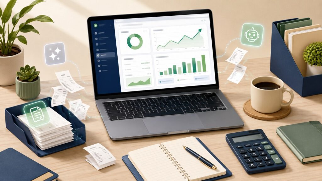 AI accounting software interface with automated invoice tracking and expense categorization on a tablet beside a calculator and financial documents