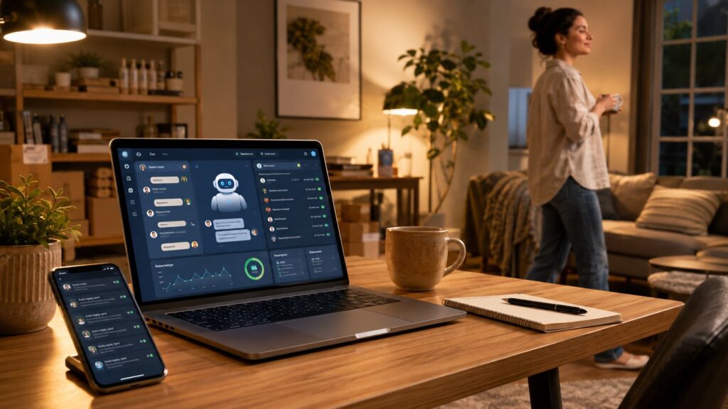 AI customer service chatbot interface on a laptop screen showing automated responses to customer questions, modern workspace setting with coffee mug