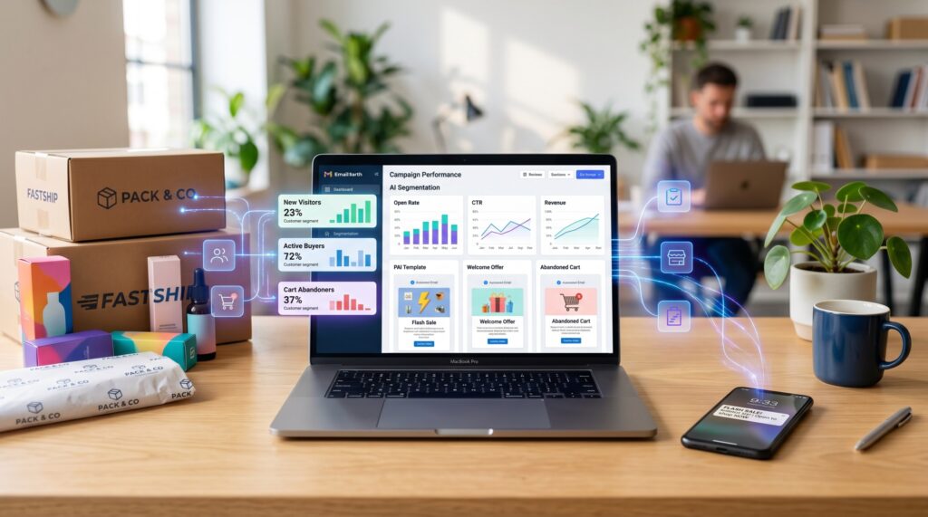 AI email marketing dashboard displaying automated campaign analytics and customer segmentation data on a desktop monitor