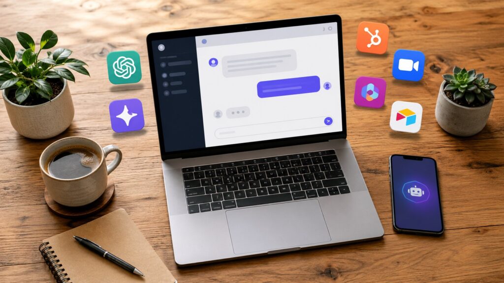 Collage of various free AI tool icons and interfaces arranged on a clean wooden desk next to a notebook and smartphone